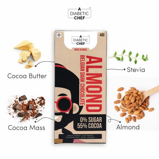 Almond Belgian Sugar-Free Dark Chocolate (Pack of 3) | A Diabetic Chef | Vegan, 40g