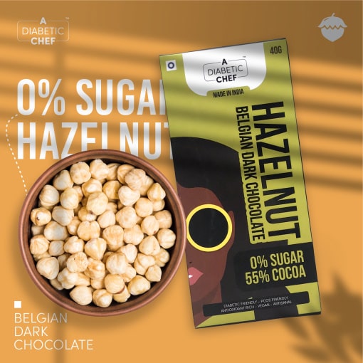 Hazelnut Belgian Sugar-Free Dark Chocolate (Pack of 3) | A Diabetic Chef | Vegan, 40g