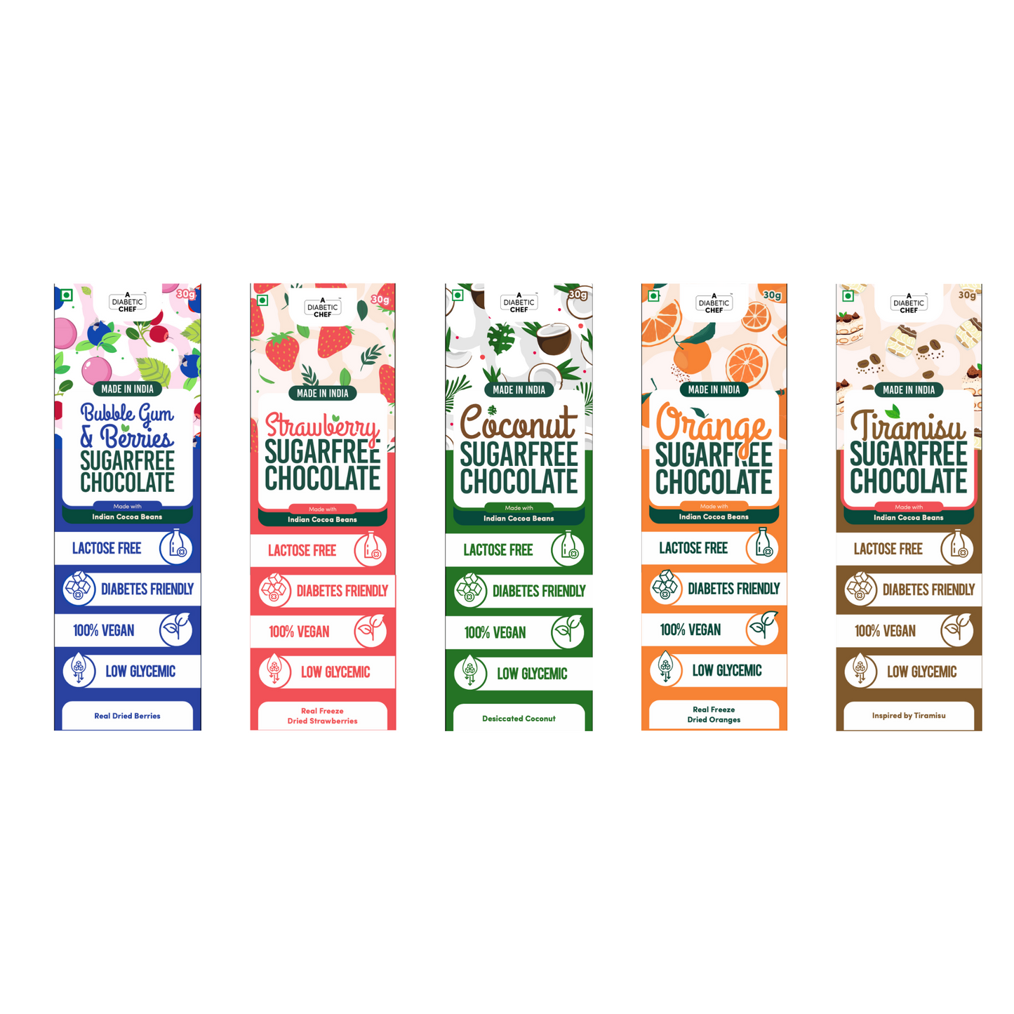 Sugar-Free Chocolates | A Diabetic Chef | Vegan, 30g (Pack of 5 Assorted Flavours)